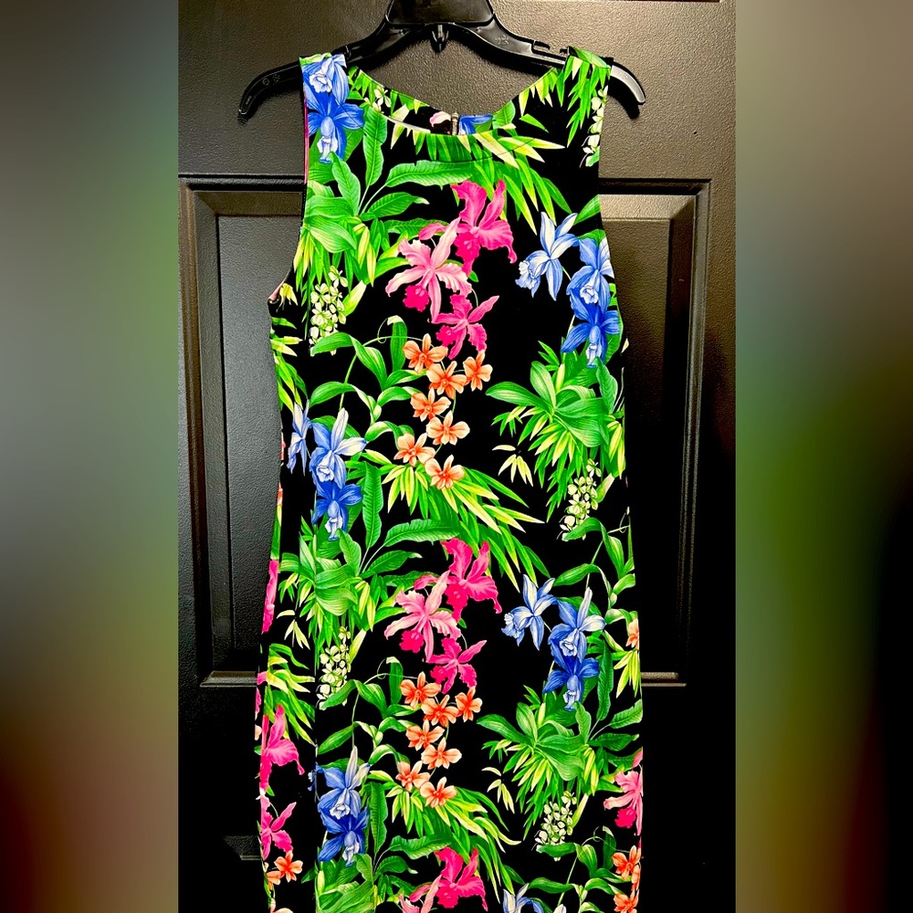 Tommy Bahama Black Dress with Green, Pink, and Blue Floral Print